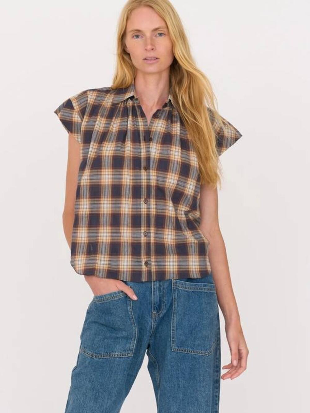 SECULAR Trinity Button Up Shirt in Camel Plaid S Effortless Scandi Minimalist